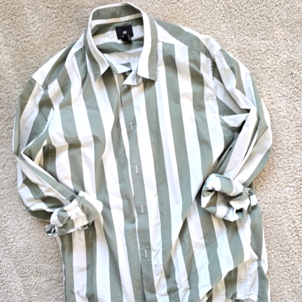 H&M Green and White Striped Shirt